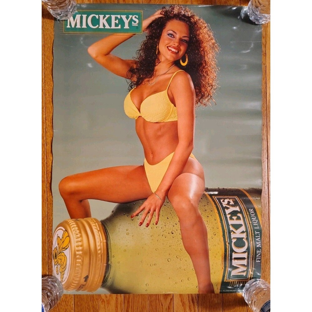Vintage 19 X 26 Mickeys Fine Malt Liquor Poster **Model Riding a Bottle!!!**